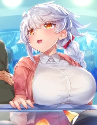 Rule 34 | 1girl, alternate costume, bad id, bad twitter id, blouse, blush, braid, breasts, failure penguin, hair between eyes, huge breasts, jacket, kantai collection, large breasts, long hair, looking at another, looking at viewer, open mouth, pokoten (pokoten718), ponytail, shirt, single braid, solo focus, twitter username, unryuu (kancolle), white hair, white shirt, yellow eyes
