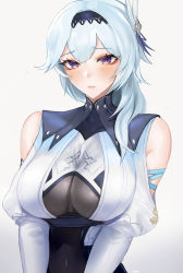 Rule 34 | 1girl, bare shoulders, blue hair, bodysuit, breasts, commentary, english commentary, eula (genshin impact), genshin impact, hairband, highres, large breasts, lips, navel, revision, skindentation, solo, tommy (kingdukeee), upper body