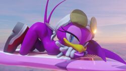 Rule 34 | 1girl, 3d, arched back, ass, back, bandana, beak, bent over, bird girl, blue eyes, breast press, colored skin, gloves, highres, hoverboard, long hair, looking at viewer, lying, nude, on stomach, sega, shiny skin, sonic (series), sonic riders, sunglasses on head, tail, voui, wave the swallow