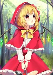 Rule 34 | 1girl, absurdres, apple, basket, blonde hair, blush, bottle, bow, bread, cape, commentary, crystal, day, fang, flandre scarlet, food, forest, frilled cape, frilled skirt, frilled sleeves, frills, fruit, highres, holding, hood, light rays, long sleeves, nature, open mouth, outdoors, red bow, red cape, red eyes, red hood, red skirt, ribbon, ribbon-trimmed hood, ribbon-trimmed sleeves, ribbon trim, ruhika, shirt, short hair, skirt, smile, solo, sunbeam, sunlight, touhou, tree, white shirt, wings, yellow bow, yellow neckwear