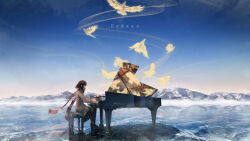 1girl absurdres artist_name bird closed_mouth coat fasnakegod frozen_lake gradient_sky grand_piano hat highres ice instrument lake mountain music no_headwear piano piano_bench playing_instrument playing_piano reflection russian_text scarf scenery shameimaru_aya sitting sky solo star_(sky) striped_clothes striped_scarf tokin_hat touhou translated watermark winter