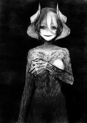 Rule 34 | 1girl, absurdres, black background, black theme, breasts, covering breasts, covering privates, cowboy shot, dark, empty eyes, greyscale, hair between eyes, highres, horror (theme), looking at viewer, made in abyss, medium breasts, monochrome, nude, ozen, parted lips, payama, scar, short hair, smile, solo, standing