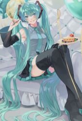 Rule 34 | 1girl, 510 gotoudayo, absurdly long hair, absurdres, aqua eyes, aqua hair, aqua nails, aqua necktie, balloon, bare shoulders, black footwear, black skirt, black sleeves, boots, cake, cake slice, chair, collared shirt, commentary, crossed ankles, detached sleeves, food, fork, grey shirt, hair ornament, hatsune miku, highres, holding, holding fork, holding plate, long hair, looking at viewer, nail polish, necktie, plate, pleated skirt, shirt, sitting, skirt, sleeveless, sleeveless shirt, solo, thigh boots, thighhighs, twintails, very long hair, vocaloid, zettai ryouiki