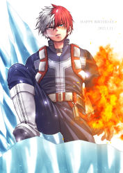 Rule 34 | 1boy, belt, blue eyes, boku no hero academia, boots, breath, burn scar, command input, costume, cryokinesis, dated, english text, fire, from below, hair between eyes, hair blowing, happy birthday, heterochromia, high collar, highres, ice, leg lift, leg up, long bangs, looking at viewer, male focus, multicolored hair, parted lips, pyrokinesis, red hair, satoko (sat ok o), scar, scar on face, short hair, smile, solo, split-color hair, todoroki shouto, two-tone hair, utility belt, white background, white hair