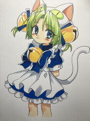 Rule 34 | 1girl, absurdres, ahoge, animal hat, apron, arms behind back, bell, blue bow, blue bowtie, blue dress, blue eyes, blue ribbon, blush, bow, bowtie, cat hat, cat tail, closed mouth, dejiko, di gi charat, dress, eyes visible through hair, feet out of frame, frilled dress, frills, green hair, hair bell, hair ornament, hair ribbon, hat, highres, jingle bell, looking at viewer, maid apron, marker (medium), menma (enaic31), neck bell, parted bangs, puffy short sleeves, puffy sleeves, ribbon, short dress, short hair, short sleeves, sleeve cuffs, smile, solo, standing, tail, tail raised, traditional media, two side up, white apron, white background, white hat