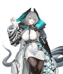 Rule 34 | 1girl, aqua eyes, aqua wings, arknights, between breasts, black coat, black wings, breasts, coat, commentary, covered navel, cowboy shot, english commentary, feathered wings, fingerless gloves, gandy (gan3e46), gloves, grey hair, hand up, head wings, highres, ho&#039;olheyak (arknights), infection monitor (arknights), long coat, looking at viewer, medium breasts, multicolored coat, open clothes, open coat, pantyhose, simple background, smile, snake girl, snake tail, solo, strap between breasts, tail, thighs, tongue, tongue out, two-tone coat, two-tone wings, white background, white coat, white gloves, white nails, wings