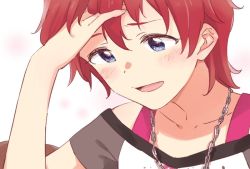 Rule 34 | 1girl, bad id, bad twitter id, blue eyes, blush, collarbone, demirinz, hand on own head, idolmaster, idolmaster million live!, jewelry, julia (idolmaster), necklace, open mouth, red hair, short hair, smile, solo