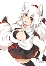 Rule 34 | 1girl, absurdres, animal ear fluff, animal ears, black bridal gauntlets, black skirt, black thighhighs, blush, breasts, bridal gauntlets, commentary request, cowboy shot, detached sleeves, fang, from above, hair between eyes, hat, highres, houkai (collapse illust), inubashiri momiji, large breasts, looking at viewer, open mouth, pom pom (clothes), red hat, red skirt, shirt, short hair, sideboob, simple background, skirt, sleeveless, sleeveless shirt, smile, solo, thighhighs, tokin hat, touhou, turtleneck, turtleneck shirt, two-tone skirt, white background, white hair, white shirt, white sleeves, wolf ears, wolf girl, yellow eyes