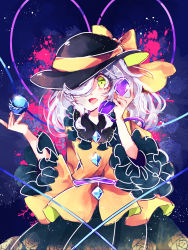 Rule 34 | 1girl, black hat, blouse, bow, buttons, commentary, diamond button, floral print, frilled shirt collar, frilled sleeves, frills, green eyes, green skirt, hair over one eye, hands up, hat, hat bow, hat ribbon, heart, heart of string, highres, holding, holding phone, komeiji koishi, long sleeves, looking at viewer, medium hair, one eye covered, open mouth, paint splatter, phone, ratto (mobilis 1870), ribbon, rose print, shirt, silver hair, skirt, solo, third eye, tongue, touhou, upper body, wide sleeves, yellow bow, yellow ribbon, yellow shirt