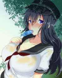 Rule 34 | 10s, 1girl, akatsuki (kancolle), alternate breast size, anchor symbol, black hair, blush, breasts, flat cap, food, hat, huge breasts, i b b e, kantai collection, long hair, looking at viewer, neckerchief, aged up, popsicle, purple eyes, school uniform, see-through, serafuku, solo, sweat, tree, upper body, wet, wet clothes