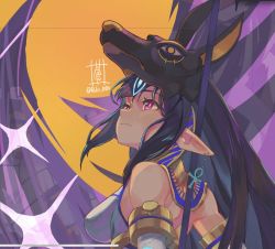 Rule 34 | 1girl, animal hat, black hair, egyptian hat, frown, hat, highres, kasandra (xenoblade), long hair, orange background, pointy ears, sou (pale 1080), xenoblade chronicles (series), xenoblade chronicles 2