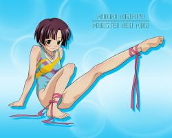 Rule 34 | 00s, 1girl, arm support, artist request, bare arms, bare shoulders, barefoot, blue background, blue one-piece swimsuit, blush, bow, breasts, breasts apart, bubble, bubble background, character name, feet, grey eyes, happy, jewelry, knees, kugimiya madoka, leg lift, leg up, looking at viewer, mahou sensei negima!, multicolored clothes, multicolored swimsuit, necklace, one-piece swimsuit, pink ribbon, purple hair, purple one-piece swimsuit, ribbon, short hair, sitting, smile, solo, swimsuit, text focus, toes, wallpaper, yellow one-piece swimsuit