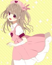 Rule 34 | &gt; &lt;, 1girl, :d, apron, bandaged wrist, bandages, blush, center frills, collared dress, commentary request, dress, fang, frills, hair ornament, hat, heart, heart print, light brown hair, long hair, looking at viewer, mamyouda, natori sana, nurse cap, open mouth, pink apron, pink hat, puffy short sleeves, puffy sleeves, rabbit hair ornament, red eyes, sana channel, short sleeves, smile, solo, sparkle, standing, two side up, virtual youtuber, white dress, yellow background