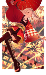 1girl absurdres aerial_fireworks arm_up black_shorts black_thighhighs blurry blurry_background blush border bracelet brown_footwear checkered_clothes checkered_kimono collarbone colored_eyelashes commentary_request earrings fireworks flat_chest floating_hair from_below gakuen_idolmaster hair_ornament hairclip highres holding holding_umbrella idolmaster japanese_clothes jewelry kamurogiku_(idolmaster) kimono knees_together_feet_apart lantern laser light_brown_hair long_hair looking_at_viewer looking_down nail_polish obi obiage obijime official_alternate_costume oil-paper_umbrella orange_eyes orange_nails outside_border paper_lantern red_kimono red_ribbon red_umbrella ribbon ribbon-trimmed_shorts ribbon_trim sandals sash shinosawa_hiro shorts solo sweat tamago_sando thighhighs toenails umbrella white_border yellow_sash