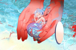 Rule 34 | 1boy, absurdres, beach, blood, blood on face, blood on hands, blue hair, carrying, carrying person, closed eyes, curled up, cuts, day, eromkk, fins, fish tail, from above, gills, head fins, highres, in palm, injury, lying, merman, mini person, miniboy, monster boy, on side, original, out of frame, outdoors, parted lips, pop tab, short hair, size difference, solo focus, tail, torn, unconscious, water, water drop