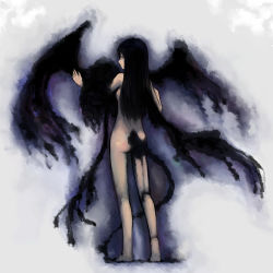 Rule 34 | 1girl, back, black hair, black wings, darkness, demon girl, full body, nude, original, solo, standing, tail, travo, wings