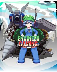 Rule 34 | 1girl, absurdres, backpack, bag, blue dress, blue eyes, blue footwear, blue hair, blush, boots, breasts, bullet, closed mouth, collared dress, commentary, dress, einzeilhandery, english commentary, flat cap, full body, gears, green hat, hair bobbles, hair ornament, hat, highres, jewelry, kawashiro nitori, key, key necklace, knee boots, long sleeves, looking at viewer, medium bangs, necklace, pixel art, rubber boots, screw, sentry, short hair, short twintails, small breasts, smile, solo, standing, team fortress 2, touhou, twintails, wrench