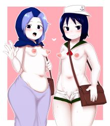 Rule 34 | 2girls, anchor symbol, bag, blue hair, breasts, colored skin, cookie (touhou), highres, kumoi ichirin, large nipples, multiple girls, murasa minamitsu, nipples, oozon (ozon), open mouth, short shorts, shorts, small breasts, sweat, thick thighs, thighs, topless, touhou, white skin