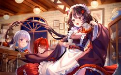 Rule 34 | 3girls, :d, ange katrina, apron, brown hair, closed eyes, cup, glass teapot, grey hair, hair between eyes, hair ornament, heterochromia, highres, holding, holding teapot, inui toko, japanese clothes, jar, lalazyt, lize helesta, long hair, long sleeves, maid, maid apron, maid headdress, multiple girls, nijisanji, open mouth, red eyes, red hair, smile, tea, teacup, teapot, tongue, tongue out, virtual youtuber, yellow eyes