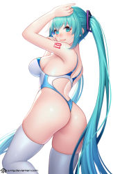 Rule 34 | 1girl, alternate breast size, arm up, ass, backless swimsuit, bare shoulders, blue eyes, blue hair, breasts, competition swimsuit, cowboy shot, from behind, hand on own cheek, hand on own face, hatsune miku, highleg, highleg swimsuit, highres, jurrig, large breasts, leg up, long hair, looking at viewer, looking back, medium breasts, one-piece swimsuit, shoulder tattoo, skindentation, smile, solo, swimsuit, tattoo, thighhighs, thighs, twintails, very long hair, vocaloid, white thighhighs