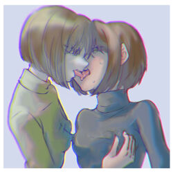 Rule 34 | 2girls, aged up, alternate costume, arms at sides, black sweater, blunt ends, bob cut, border, breasts, brown hair, chara (undertale), chromatic aberration, commentary, covered erect nipples, eye contact, face-to-face, french kiss, frisk (undertale), grabbing, grabbing another&#039;s breast, grabbing another's breast, green sweater, guided breast grab, guiding hand, hair over one eye, hand on another&#039;s chest, highres, ikigai (user cdkm5358), kiss, looking at another, multiple girls, narrowed eyes, open mouth, pale skin, perky breasts, red eyes, short hair, simple background, small breasts, sweat, sweater, teeth, tongue, tongue out, turtleneck, turtleneck sweater, undertale, upper body, upper teeth only, white background, white border, yellow eyes, yuri