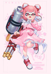 Rule 34 | 1girl, artist name, blush, bow, bowtie, commentary, commission, dot nose, dress, frills, gatling gun, gun, highres, holding, holding gun, holding weapon, hydra splatling (splatoon), inkling, inkling girl, inkling player character, jinkobanana, looking at viewer, medium hair, nintendo, open mouth, pink background, pink dress, pink eyes, pink footwear, pink hair, red bow, red bowtie, sample watermark, shoes, simple background, solo, splatoon (series), symbol-only commentary, two side up, watermark, weapon, white bow, white bowtie