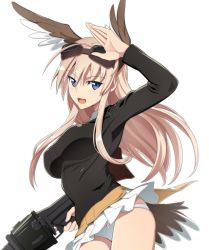 Rule 34 | 1girl, animal ears, bird ears, bird tail, blonde hair, blue eyes, breasts, goggles, gun, hanna-justina marseille, head wings, large breasts, long hair, looking at viewer, military, military uniform, miniskirt, monochrome background, nanashino, open mouth, panties, rifle, shiny clothes, simple background, skirt, smile, solo, strike witches, tail, underwear, uniform, weapon, white background, white panties, white skirt, wings, witches of africa, world witches series