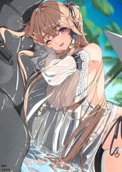 Rule 34 | 1girl, absurdres, anchorage (azur lane), anchorage (dolphins and swim lessons) (azur lane), azur lane, bare shoulders, bikini, blush, bow, breasts, brown hair, glaze artifacts, hair between eyes, hair bow, hair ornament, hair ribbon, highres, inflatable orca, inflatable toy, innertube, large breasts, leaning on object, light brown hair, lying, official alternate costume, on side, one eye closed, open mouth, outdoors, purple eyes, ribbon, see-through, side-tie bikini bottom, smile, sunebu (snake boo2), swim ring, swimsuit, thighhighs, topless, twintails, water, white thighhighs
