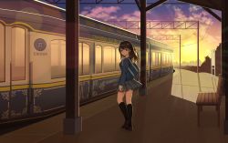 Rule 34 | 1girl, absurdres, bad id, bad pixiv id, bag, bench, biako, black socks, blazer, blue jacket, blue skirt, blush, brown footwear, brown hair, closed mouth, cloud, cloudy sky, commentary request, evening, gradient sky, green eyes, grey skirt, highres, jacket, kneehighs, loafers, long hair, looking at viewer, looking back, original, outdoors, pleated skirt, scenery, school bag, school uniform, shoe soles, shoes, skirt, sky, smile, socks, solo, standing, standing on one leg, sun, sunlight, sunset, thighs, train, train station, yellow sky