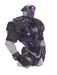 Rule 34 | 1boy, absurdres, beret, black gloves, black hat, black jacket, body armor, chinese commentary, cropped legs, decepticon, gloves, grey pants, hands on own hips, hat, highres, humanization, jacket, looking at viewer, male focus, mask, metal gloves, pants, purple shirt, red eyes, shirt, solo, tarn, the transformers (idw), transformers, vetania, white background