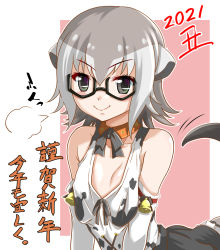 Rule 34 | 1girl, 2021, puff of air, animal ears, animal print, arched back, bare shoulders, bell, black eyes, breasts, chinese zodiac, collar, collarbone, commentary request, cow print, detached sleeves, fumihiro, grey hair, hair between eyes, highres, kemono friends, leaning forward, looking at viewer, meerkat (kemono friends), meerkat ears, meerkat tail, multicolored hair, nengajou, new year, outline, short hair, simple background, small breasts, smile, solo, tail, tank top, translation request, two-tone hair, v-shaped eyebrows, white outline, year of the ox