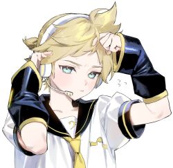 Rule 34 | 1boy, arms up, black sleeves, blonde hair, blue eyes, blush, closed mouth, collarbone, commentary request, detached sleeves, fingernails, flying sweatdrops, hands up, headphones, kagamine len, long sleeves, looking at viewer, male focus, musical note, musical note print, nail polish, naoko (naonocoto), necktie, ponytail, puffy short sleeves, puffy sleeves, sailor collar, shirt, short hair, short ponytail, short sleeves, simple background, solo, throat microphone, upper body, v-shaped eyebrows, vocaloid, white background, white shirt, wide sleeves, yellow nails, yellow necktie