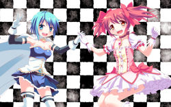 Rule 34 | 10s, 2girls, :d, armpits, bad id, bad pixiv id, blue eyes, blue hair, bow, bubble skirt, cape, checkered background, gloves, gonzaburou, hair bow, highres, holding hands, kaname madoka, magical girl, mahou shoujo madoka magica, miki sayaka, multiple girls, open mouth, pink eyes, pink hair, short hair, short twintails, skirt, smile, soul gem, thighhighs, twintails, v, zettai ryouiki