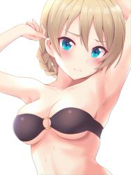 Rule 34 | 1girl, absurdres, armpits, arms up, bandeau, bikini, black bandeau, black bikini, blonde hair, blue eyes, blush, braid, breasts, cleavage, closed mouth, collarbone, commentary request, darjeeling (girls und panzer), frown, girls und panzer, highres, koumei (twinameless), medium breasts, o-ring, o-ring bikini, short hair, simple background, skindentation, solo, strapless, strapless bikini, sweat, swimsuit, underboob, upper body, white background