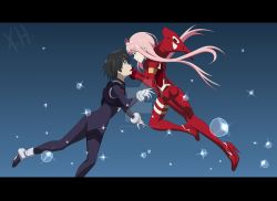 Rule 34 | 10s, 1boy, 1girl, black bodysuit, black hair, blue eyes, blue horns, bodysuit, couple, darling in the franxx, face-to-face, facing another, floating, floating hair, fringe trim, gloves, green eyes, hair ornament, hairband, hetero, highres, hiro (darling in the franxx), horns, letterboxed, long hair, looking at another, oni horns, pilot suit, pink hair, red bodysuit, red gloves, red horns, short hair, signature, watermark, web address, white gloves, white hairband, xenaheliodor, zero two (darling in the franxx)