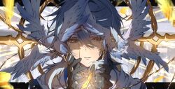 1boy absurdres black_gloves blue_pupils commentary_request earrings feathered_wings feathers gloves grey_hair hair_between_eyes halo halo_behind_head head_wings highres honkai:_star_rail honkai_(series) jacket jewelry long_hair looking_at_object male_focus moderate_gold multiple_wings parted_lips ring solo sunday_(honkai:_star_rail) thorns upper_body white_jacket white_wings wings yellow_eyes