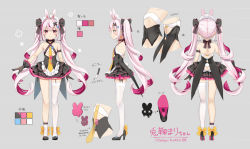 Rule 34 | 1girl, animal ears, asymmetrical legwear, bare shoulders, black dress, black footwear, black gloves, bow, butt crack, clothing cutout, color guide, criss-cross halter, dress, facing away, garter straps, gloves, grey background, halterneck, high heels, multicolored hair, multiple views, natsume eri, navel cutout, pleated dress, purple hair, rabbit ears, rabbit girl, rabbit tail, red eyes, shoe soles, shoes, short eyebrows, single sock, single thighhigh, socks, streaked hair, tail, tail through clothes, thick eyebrows, thighhighs, tomari mari, tomari mari channel, translation request, two-tone hair, uneven legwear, virtual youtuber, white thighhighs, yellow bow