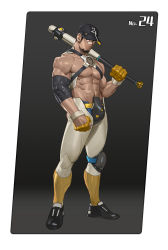 Rule 34 | 1boy, abs, bandaid, bandaid on face, bandaid on nose, bara, baseball bat, baseball cap, beard, biceps, black hair, chest harness, clenched hands, crotch plate, elbow gloves, facial hair, gloves, harness, hat, knee pads, large pectorals, leg armor, long sideburns, looking at viewer, male focus, manly, mature male, muscular, muscular male, original, pants, pectorals, shoes, sideburns, solo, tooboshoo, topless male