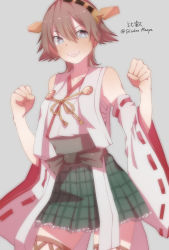 Rule 34 | 10s, 1girl, :d, bad id, bad pixiv id, blue eyes, blush, brown hair, character name, clenched hands, cowboy shot, detached sleeves, headgear, hiei (kancolle), highres, kantai collection, looking at viewer, no legwear, nontraditional miko, open mouth, short hair, simple background, smile, solo, suihei sen, teeth, thighhighs, twitter username