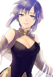 Rule 34 | 1girl, bare shoulders, blue eyes, blue hair, breasts, cleavage, cleavage cutout, clothing cutout, earrings, elbow gloves, female focus, fire emblem, fire emblem: the blazing blade, gloves, jewelry, kiyuu, large breasts, looking at viewer, matching hair/eyes, nintendo, parted lips, purple gloves, see-through, short hair, side slit, simple background, sleeveless, smile, solo, ursula (fire emblem), veil