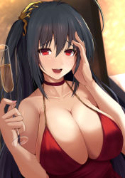 Rule 34 | 1girl, absurdres, ahoge, azur lane, bare shoulders, black hair, breasts, champagne flute, choker, cleavage, collarbone, commentary request, cup, dress, drinking glass, fingernails, hand on own head, highres, holding, kanzaki kureha, large breasts, long fingernails, long hair, looking at viewer, nail polish, official alternate costume, one side up, purple nails, red choker, red dress, red eyes, sleeveless, sleeveless dress, solo, straight hair, taihou (azur lane), taihou (forbidden feast) (azur lane), upper body, very long hair