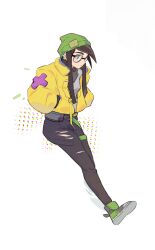 Rule 34 | 1girl, animification, beanie, black footwear, black hair, black pants, fanny pack, glasses, green hat, grey shirt, hair behind ear, hands in pockets, hat, highres, jacket, killjoy (valorant), long hair, pants, round eyewear, shirt, shoes, sneakers, solo, tianshi bianjie, torn clothes, torn pants, valorant, yellow jacket