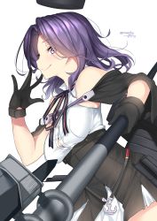 Rule 34 | 1girl, black gloves, black skirt, closed mouth, dated, from side, gloves, high-waist skirt, highres, holding, kantai collection, looking at viewer, nebusoku, purple eyes, purple hair, rigging, simple background, skirt, smile, solo, tatsuta (kancolle), twitter username, white background