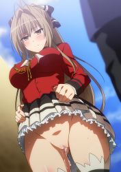 Rule 34 | 1girl, aftersex, aiguillette, amagi brilliant park, antenna hair, bow, breasts, brown eyes, brown hair, censored, closed mouth, clothes lift, cum, cum in pussy, cumdrip, frills, hair between eyes, hair bow, hair intakes, hara (harayutaka), highres, jacket, large breasts, lifting own clothes, long hair, military jacket, mosaic censoring, no panties, ponytail, pussy, pussy juice, red jacket, sento isuzu, sidelocks, skirt, skirt lift, solo focus, sweat, thighs, white legwear