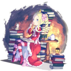 Rule 34 | 10s, 1girl, animal, ayakashi (monkeypanch), beatrice (re:zero), blonde hair, blue eyes, blush, book, book stack, bow, bug, butterfly, butterfly-shaped pupils, capelet, cat, crown, cup, desk, dress, drill hair, eating, food, full body, hair ribbon, highres, insect, lantern, long hair, long sleeves, looking at viewer, macaron, mini crown, pack (re:zero), pantyhose, puck (re:zero), re:zero kara hajimeru isekai seikatsu, ribbon, sitting, striped clothes, striped pantyhose, symbol-shaped pupils, teacup, teapot, too many, too many books, twin drills, twintails, wide sleeves