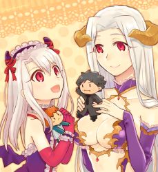 Rule 34 | 2girls, albino, artist request, blush, breasts, character doll, cleavage, demon girl, demon horns, demon wings, emiya kiritsugu, emiya shirou, fate/grand order, fate/stay night, fate/zero, fate (series), horns, illyasviel von einzbern, illyasviel von einzbern (halloween petite devil), irisviel von einzbern, irisviel von einzbern (halloween princess), long hair, mother and daughter, multiple girls, open mouth, red eyes, smile, white hair, wings