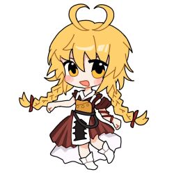 Rule 34 | 1other, androgynous, antenna hair, arm ribbon, armor, belt, black belt, black outline, blonde hair, blush stickers, bow, braid, breastplate, chibi, clenched hands, detached sleeves, fensedekaoji, hair bow, hakama, hakama short skirt, hakama skirt, heart antenna hair, japanese clothes, kimono, len&#039;en, long hair, looking at viewer, low twin braids, ooama no ake no mitori, open mouth, outline, pagoda, red bow, red kimono, red ribbon, red skirt, red sleeves, ribbon, short sleeves, skirt, skirt set, smile, socks, twin braids, white background, white socks, yellow armor, yellow eyes