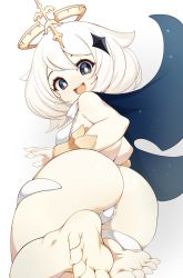 Rule 34 | 1girl, ass, bad id, bad twitter id, barefoot, black eyes, breasts, cape, feet, genshin impact, hair ornament, highres, looking at viewer, medium breasts, open mouth, paimon (genshin impact), pale skin, presenting, short hair, simple background, slugbox, smile, soles, solo, thick thighs, thighs, white background, white hair