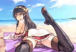 Rule 34 | 10s, 1girl, ass, beach, black hair, black thighhighs, blush, boots, breasts, brown eyes, cameltoe, cloud, crotch, day, frilled skirt, frills, from behind, hair ornament, hairclip, haruna (kancolle), hiten (hitenkei), kantai collection, large breasts, long hair, looking at viewer, looking back, lying, miniskirt, nontraditional miko, ocean, on stomach, outdoors, panties, pantyshot, pink panties, ribbon-trimmed sleeves, ribbon trim, sand, sideboob, skirt, sky, solo, spread legs, thigh boots, thighhighs, thighs, underwear, upskirt, water, zettai ryouiki