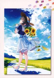 Rule 34 | 1girl, absurdres, black hair, blue dress, blue eyes, blue sky, bow, closed mouth, cloud, cloudy sky, cropped jacket, day, dress, fingernails, flower, full body, hanekoto, hat, high heels, highres, holding, lips, looking at viewer, looking back, original, outdoors, petals, ribbon, sailor collar, scan, short dress, short sleeves, sky, solo, standing, sunflower, toeless footwear, toes, white footwear, wrist ribbon